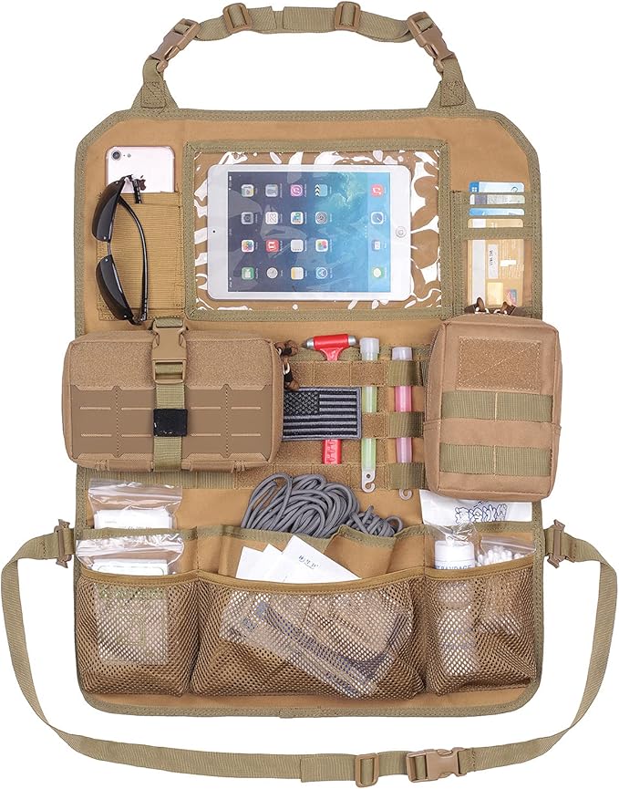 Tactical Car Seat Back Organizer Upgraded Tactical Molle Seatback Cover Protector Universal Fit Vehicles Truck MPV Pickup (Khaki)