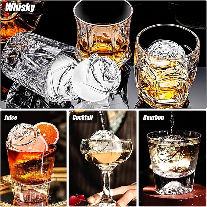 Ice Cube Tray, Mikiwon 2 inch Rose Ice Cube Trays With Covers, 3 Cavity Silicone Rose Ice Tray & 3 Diamond Ice Ball Maker, Easy Release Large Ice Cube Form for Chilled Cocktails, Whiskey Juice