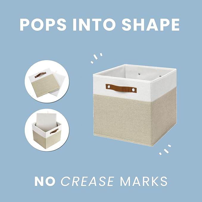 OrganiHaus 12" x 12" x 12" Fabric Storage Bins - Set of 4, Cube Canvas Organizer Bins with Vegan Handles, Kallax Storage Cubes, 12 Inch Cubic Baskets for Shelves - Beige/White