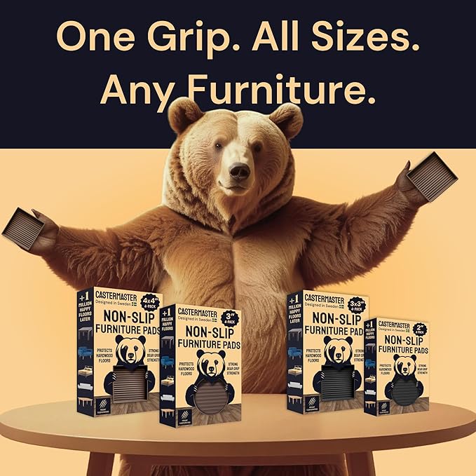 CasterMaster Non-Slip Furniture Pads - 2 in x 2 in Brown 4 Pack - Chair Leg Floor Protectors & Furniture Sliders for Hardwood, Vinyl & Tile Floors - Bed Stoppers