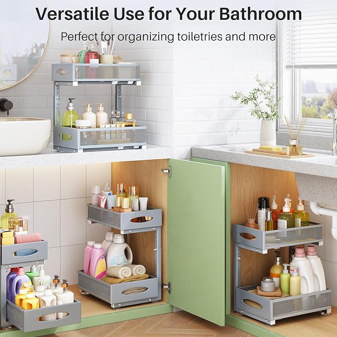 2 Pack Under Sink Organizer, 2 Tier Pull-Out Cabinet Organizer Mesh Baskets with 5 Adjustable Heights, Sliding Drawers Storage Shelf for Home, Kitchen, Bathroom, Pantry, Office, Countertop, Grey