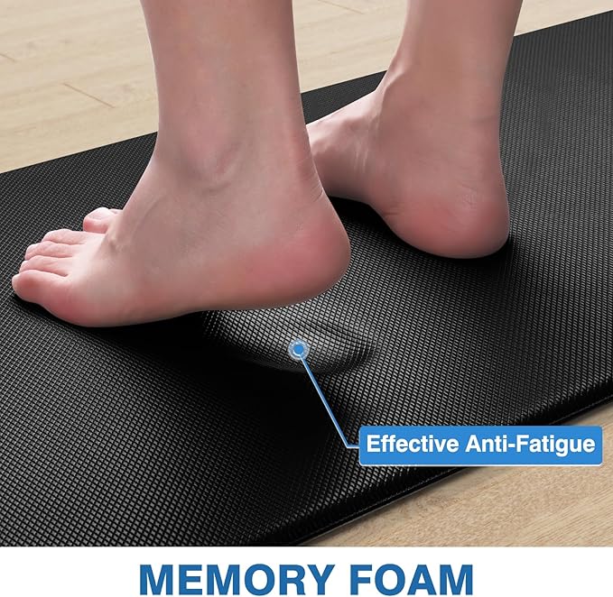 StepRite Kitchen Mats, 2PCS Kitchen Rugs, Cushioned Anti Fatigue Kitchen Mats for Floor, Non-Slip Standing Desk Mat, Waterproof Kitchen Rug Set for Kitchen, 20" x 32"+20" x 71"-0.4 inch Thick, Black