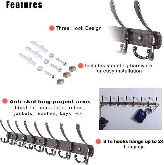 Dseap Coat Rack Wall Mount - 29.5” Long 8-Tri-Hooks Heavy Duty Coat Hanger Rail Wall Hooks for Hanging Coats Hats Clothing Clothes Purse Mudroom Entryway, Bronze, Pack of 2