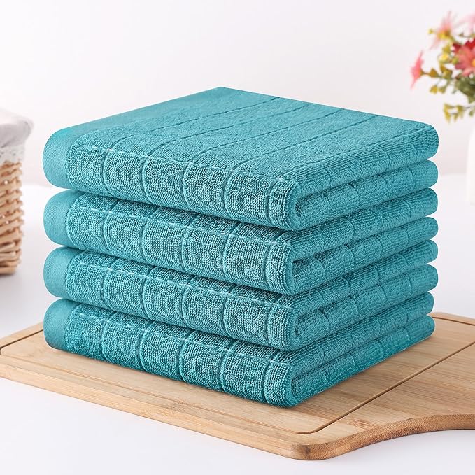 Homaxy 100% Cotton Terry Kitchen Towels(Lake Blue, 13 x 28 inches), Checkered Designed, Soft and Super Absorbent Dish Towels, 8 Pack