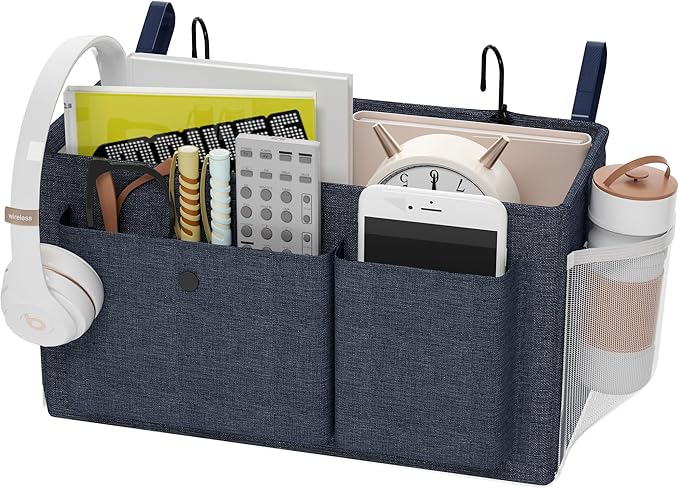 Bedside Caddy Bedside Organizer with Fixed Straps & Water Bottle Holder, Bunk Bed Caddy ideal for Home, Dorm, Hospital, Crib, Versatile Bedside Storage Solution (Navy)