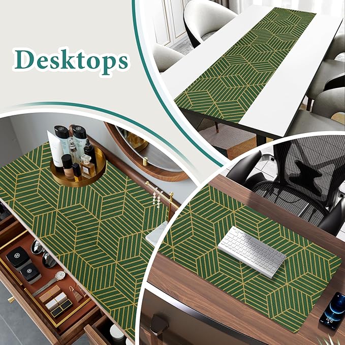 Shelf Liners for Kitchen Cabinets 23.6in x 30FT, Non-Adhesive Cabinet Liner, Strong Non-Slip Thickened Gold Green Geometric Drawer Liner, Easy to Clean for Shelf, Cabinet with Knife and Tape Measure