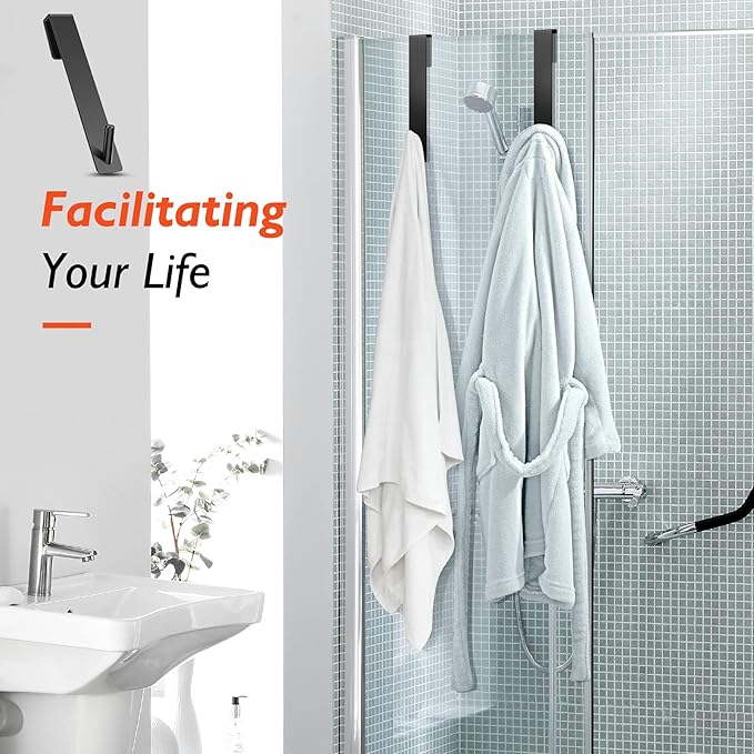Kontoyo Shower Door Hooks(7.5 Inch),Extended Over Door Hooks for Bathroom Frameless Glass Shower Door,Stainless Steel Towel Hooks,Heavy Duty Rack Hooks for Robe,Towel-3 Pack-Black
