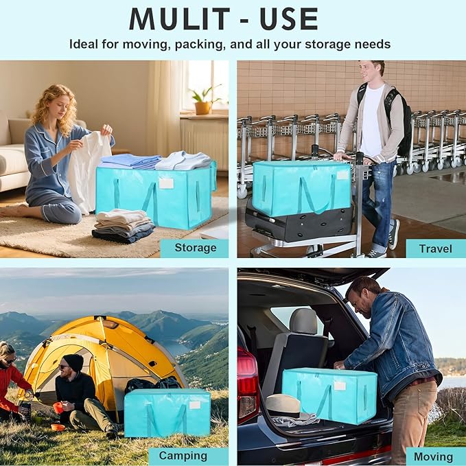 16 Pack - Extra Large Heavy Duty Moving Bags - Waterproof Storage Totes with Handles & Zippers, Foldable for College Dorm, Storage (lake blue)