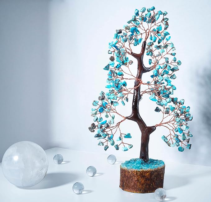 Crocon Turquoise Gemstone Tree Feng Shui Figurine Money Bonsai Good Luck Chakra Balancing Reiki Healing Crystals Decoration Ornament Sculpture Prosperity Table Decor Gift Size 10-12"""
