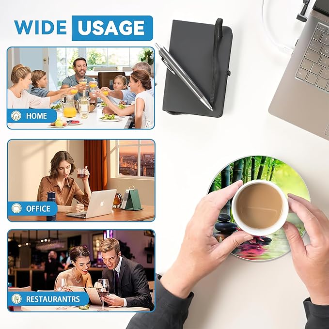 Zen Bamboo Round 4" Cup Coasters Set of 4, Absorbent Ceramic Stone Coasters with Cork Base, Ideal Home Decor Gifts