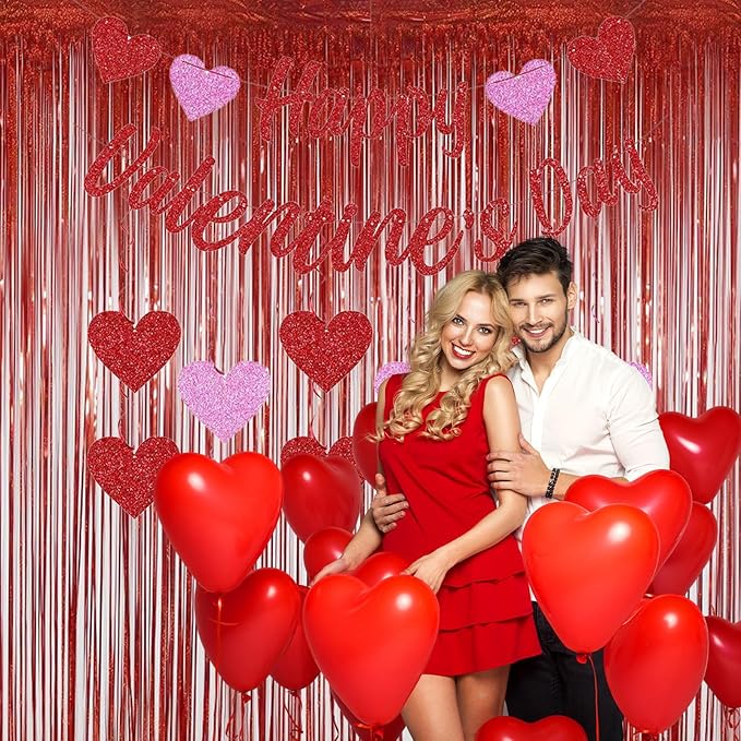 Red Foil Fringe Curtains Party Decorations – 3 Pack 3.2 x 8.2 ft Shiny Tinsel Backdrop for Valentine’s Day, Birthday & Photo Booth