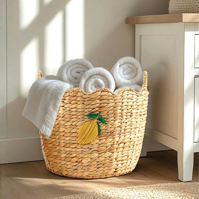 Greenatural Water Hyacinth Storage Baskets Set of 2, Handwoven Round Organizers with Wavy Edge and Embroidered Yellow Lemons, Wicker Bins with Handles for Laundry, Blankets, Plants, Bedroom, Bathroom