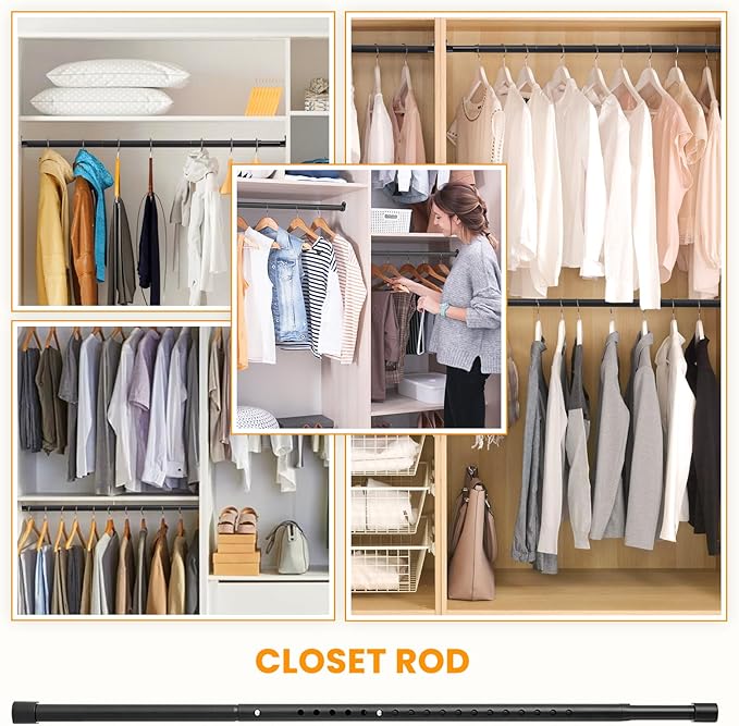 Oval Closet Rod for Hanging Clothes Adjustable Closet Rods 18 to 75 Inch Heavy Duty Black Poles Bar Closet Rod Expandable for Wardrobes Laundry RV