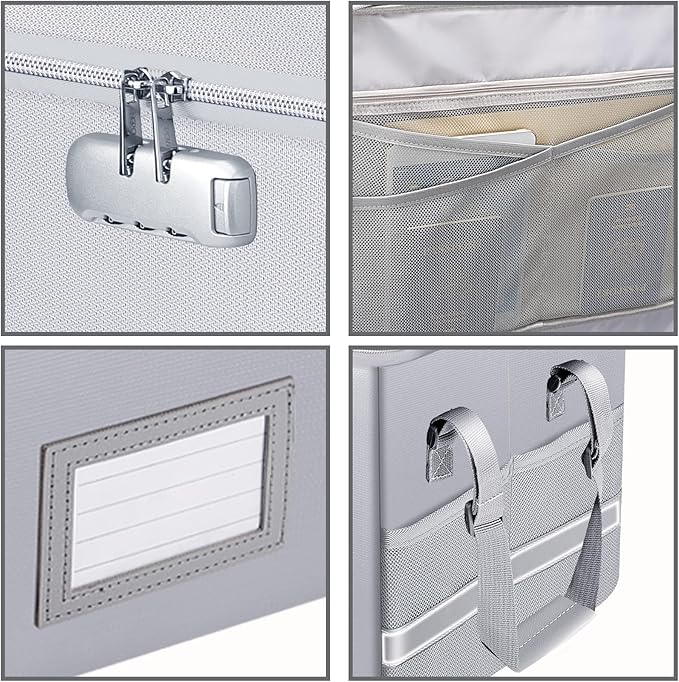 ENGPOW File Box with Lock, Fireproof Document Box with Zipper & Pockets, Collapsible File Organizer Filing Storage Cabinet with Handle, Portable Home Office Safe for Hanging Letter/Legal Folder, Silver