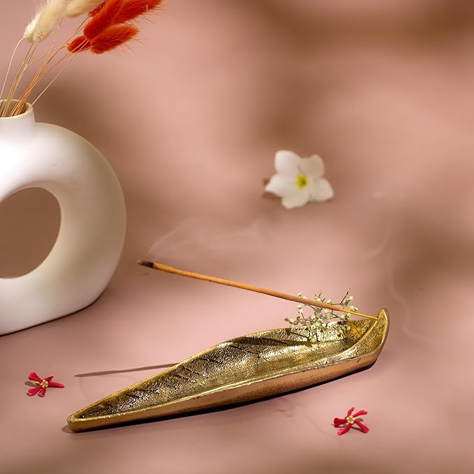 Raajsee Incense Holder Set with Nag Champa Incense Sticks 15gm,Curve Leaf Incense Stick Burner, Brass Incense Burner,Modern Stick Incense Holder for Yoga, Meditation,Home Décor Size 10x3 inch
