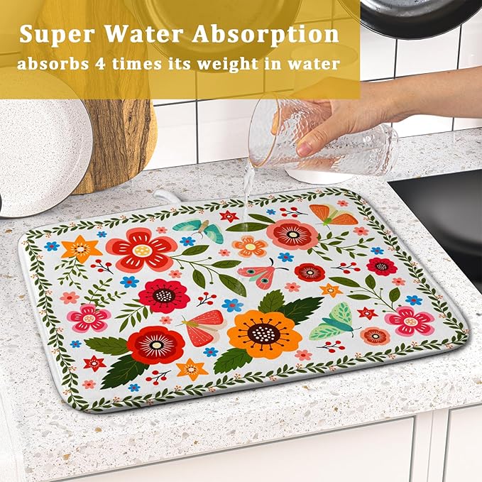 Colorful Boho Floral Dish Drying Mat 16x18 Inch Dishes Dry Pad Drainer Rack Mats Absorbent Hanging Loop Kitchen Counter Bar Accessories