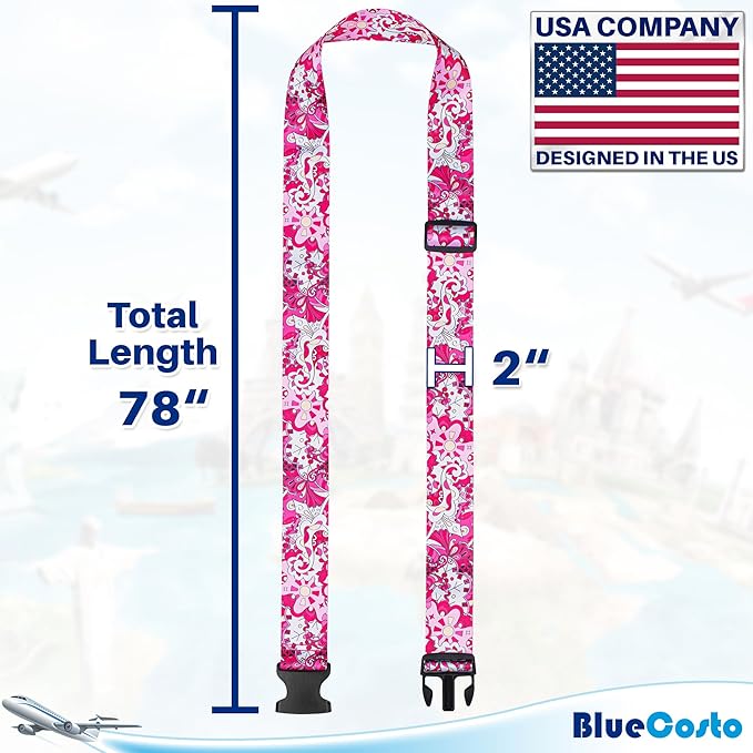 Luggage Straps for Suitcases - TSA Approved - Pink Geometric, 4 PK - Premium Belts for Suitcase, Briefcase & Travel Bag - Adjustable Strap Length 41" - 78"