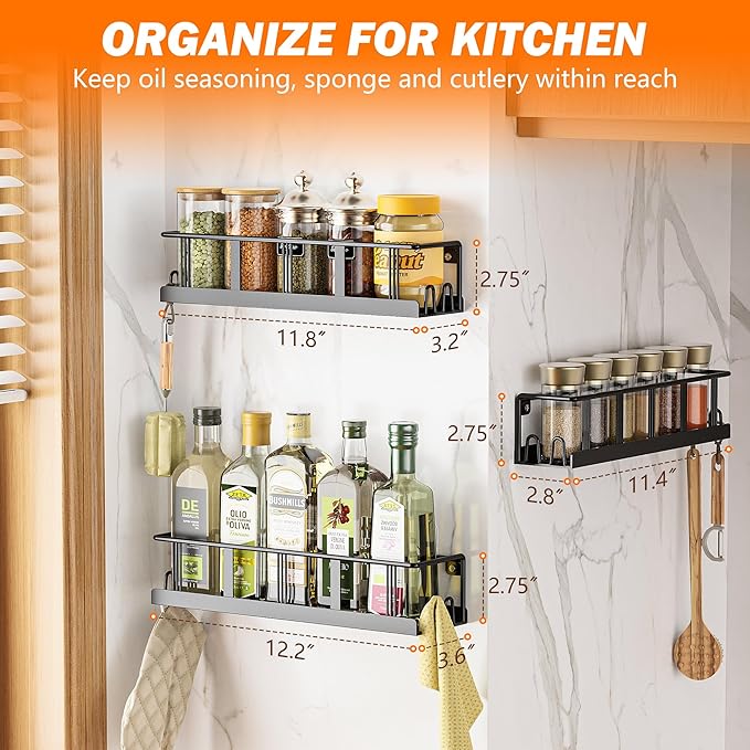 Spice Rack Wall Mounted 2 Pack, Space-Saving Spice Organizer for Spice Jars and Seasonings, Screw or Adhesive Hanging Spice Rack Organizer for Your Kitchen Cabinet, or Pantry Door