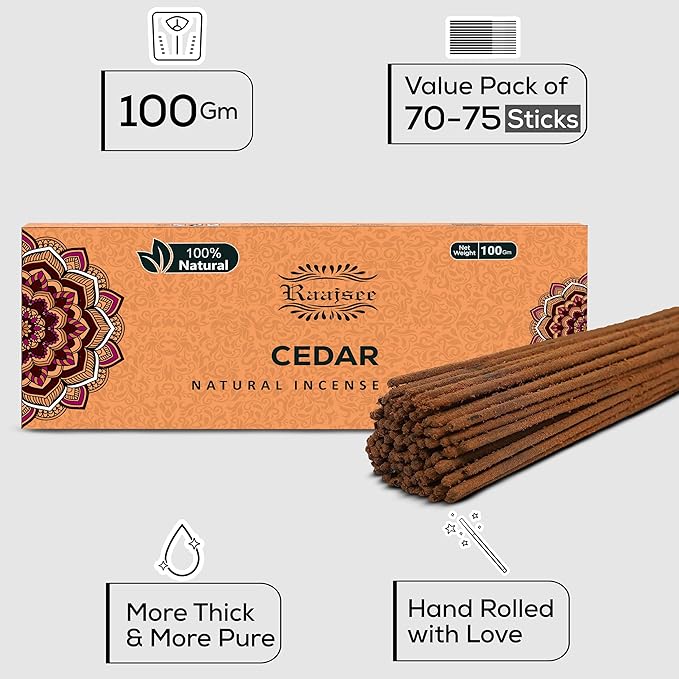 Raajsee Cedar Incense Sticks, 100%-Natural Charcoal Free Organic Non Toxic Clean Burning Handmade Insence Sticks 100 gm Pack, Meditation Gifts – Spritual Cleansing