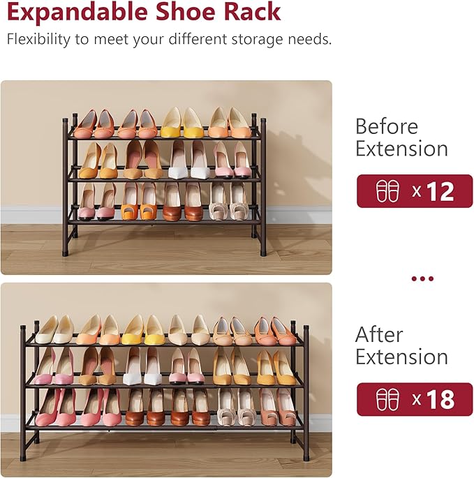 Tajsoon 3-Tier Expandable Shoe Rack for Closet, 28"-41" Adjustable & Stackable Shoe Shelf Storage, Metal Shoe Rack Organizer for Front Door Entrance, Closet, Garage, Entryway, Bronze