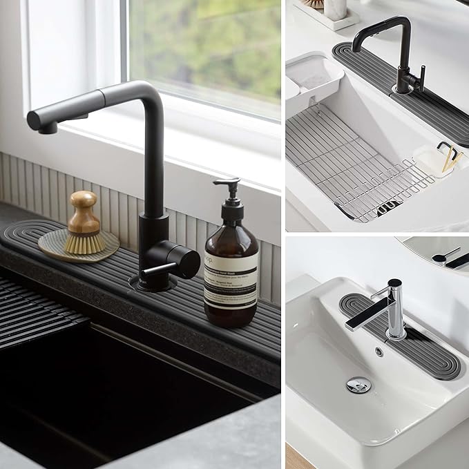 Stone Faucet Mat for Kitchen Sink โ Diatomite Fast-Drying Stone Tray, Faucet Mat Sink Splash Guard, Decorative Sink Protector for Kitchen Bathroom Counter (Dark Grey, 20''x3.9'')