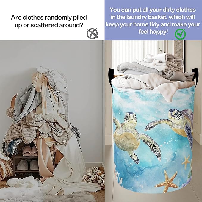 Retro Two Turtles Laundry Basket-Large Foldable Hamper Holder Portable Tall Collapsible Laundry Hamper Storage Basket Bin with Handles, Canvas & Waterproof lining for Household Items