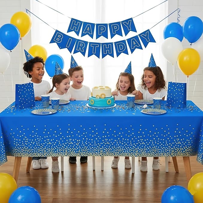misaya 3 Packs Dot Disposable Table Cloth, 54 x 108 Inch Waterproof Plastic Tablecloth, Rectangle Gold Dots in Blue Table Covers for Picnic, Birthday, Party