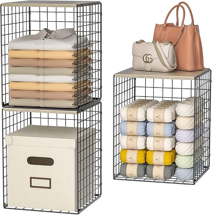 Taller Closet Organizers and Storage with Wood Top, Set of 3 Stackable Wire Storage Bins for Clothes, Bags, Towels, Double Storage Design, Sturdy Metal Cube Shelf Organizer for Closet Wardrobe, Black