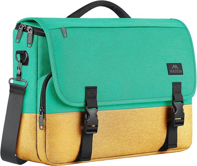 MATEIN School Bag, 15.6 inch Messenger Bag Lightweight Men's Laptop Briefcase with Adjustable Shoulder Strap, Water Resistant Crossbody Satchel Computer Case for College Work, Yellow & Green