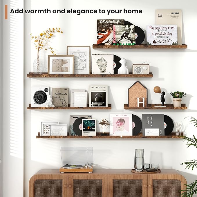Fun Memories Picture Ledge Shelves, Set of 2, 32 Inch Rustic Wall Mounted Floating Shelves with Lip for Home Storage and Decor in Bathroom, Kitchen, Nursery, Bedroom, Living Room, Brown