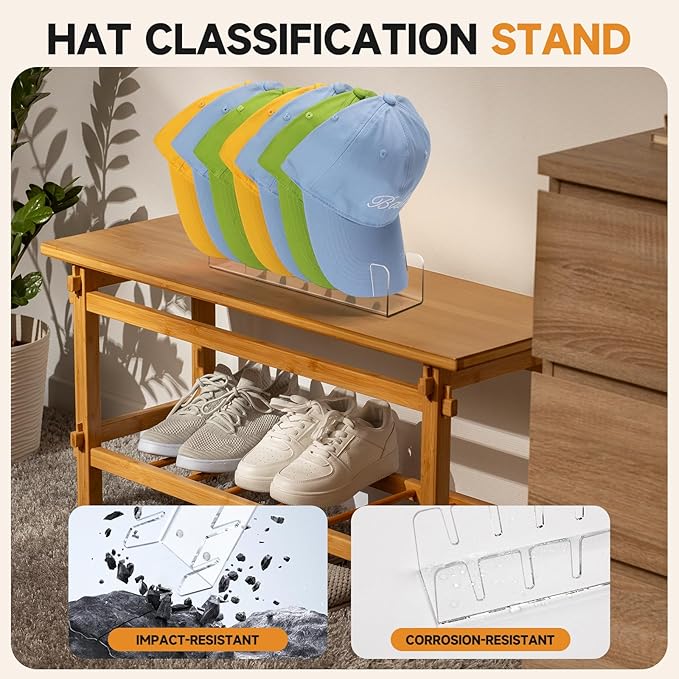 Acrylic Baseball Cap Organizer Rack 2-Pack - Holds 14 Hats, No Install Space Saving Display Stand for Closet, Bedroom, Entryway (Clear)