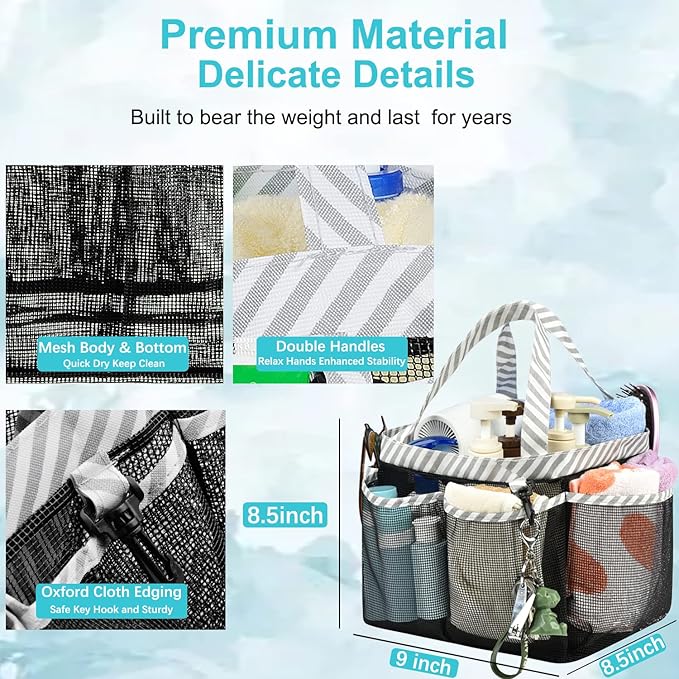 Haundry Mesh Shower Caddy Bag, Large College Dorm Bathroom Caddy Organizer with Key Hook and 2 Oxford Handles, 8 Basket Pockets, Portable Hanging Caddy Bag for Camping Gym