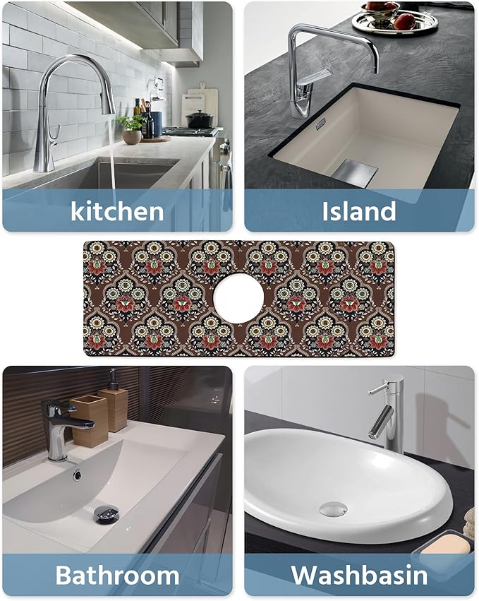 Patterned Sink Faucet Mat Kitchen Splash Guard Super Absorbent Drying Mat, Non-Slip Drain Pad for Kitchen Counter or Bathroom-15x5.5in