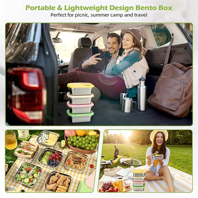 2 Pack Stainless Steel Sandwich Containers, 20oz Leakproof Reusable Metal Lunch Boxes with Silicone Lids, BPA-Free Meal Prep Food Storage Containers for Snacks, Fruits, Salad, Travel & Office Lunch