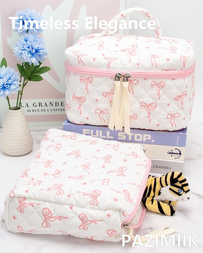 Quilted Makeup Bag Large Travel Zipper Soft Cosmetic Pouch for Women Girls Make Up, Bow Pink