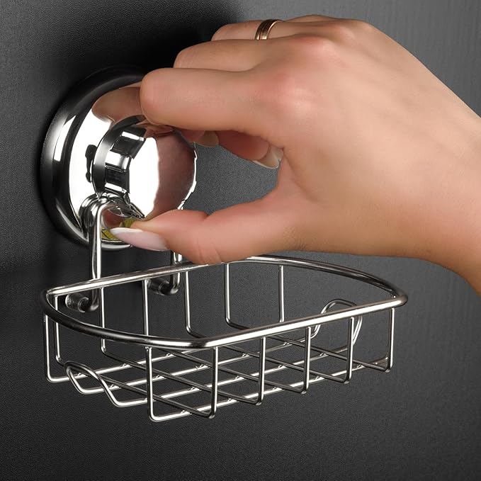 HASKO Suction Soap Dish with Hooks | Powerful Vacuum Suction Cup Soap Holder | Soap Basket Holder for Bathroom & Kitchen (Polished Stainless Steel SS304)