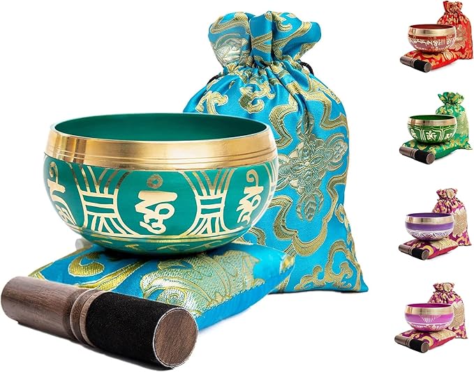Tibetan Singing Bowl Set - Authentic Handcrafted Mindfulness Meditation Holistic Sound 7 Chakra Healing by Himalayan Bazaar (Turquoise)