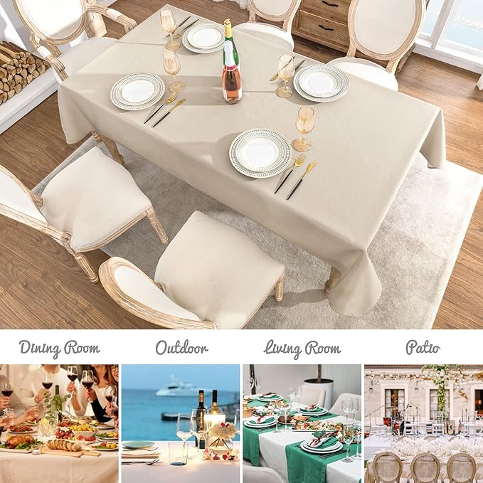 2 Pack Rectangle Tablecloth, 60x104 inch, Water Resistant Wrinkle Free Linen Textured Table Cloth Washable, Decorative Fabric Table Cover for Dining, Party and Camping, Beige