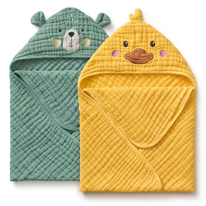 Blissful Diary Muslin Baby Hooded Towel 2 Pack, Soft & Absorbent Bath Towel for Infant, Toddler, Unisex, Baby Gift, Newborn Essentials, Smart Bear & Sunny Duck