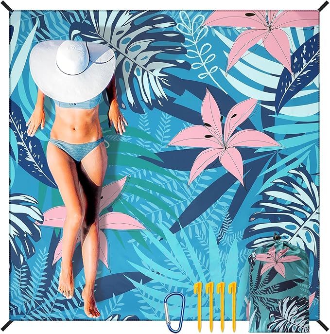 Beach Blanket Waterproof Sandproof Beach Mat 79" X 83"/10'x9' for 2-8 Adults Quick Drying Outdoor Picnic Mat Beach Accessories for Travel, Camping, Hiking