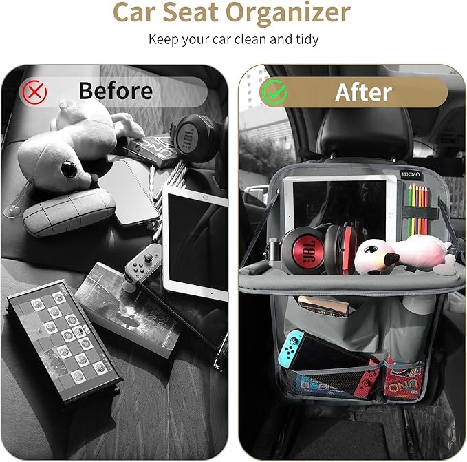 LUCMO Car Backseat Organizer with Tablet Holder - 2 Pcs, 6 Storage Pockets Car Storage Organizer with Foldable Food Tray Protectors Kick Mats Travel Accessories - Grey