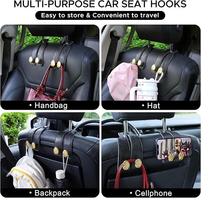 URIZZD 4 PCS Leather Car Seat Hooks for Headrest, Vehicle Hanger Storage Organizer Universal for Handbag Purse, Car Accessories Gift (Black-Gold-4 PCS)