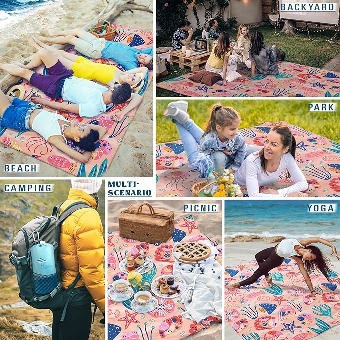 Famstar Beach Blanket Sandproof Waterproof 78''ร81''1-5Adults Oversized,Compact Lightweight Durable Beach Mat for Travel Camping Hiking Picnic Blanket