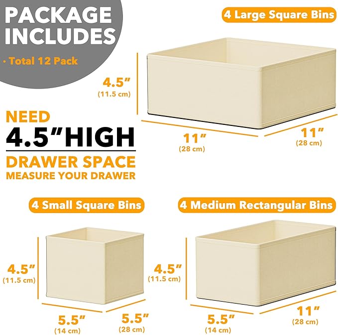 SpaceAid Drawer Organizer Clothes, 12 Pack Dresser Organizer Bins for Nursery, Closet Organization and Storage Dividers for Clothing, Baby Clothes, Underwear, Socks (Beige)