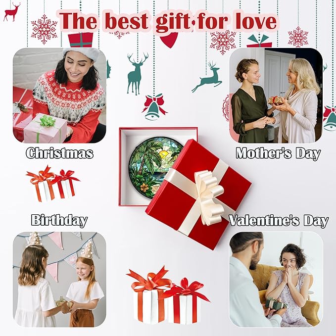 Stained Glass Window Hanging, Green Beach Scenery Suncatcher Diamond Glass Panel Hangings Sun Catchers Decor for Birthday for Women, Men, Wife, Aunt, and Mom 14.9x14.9 in