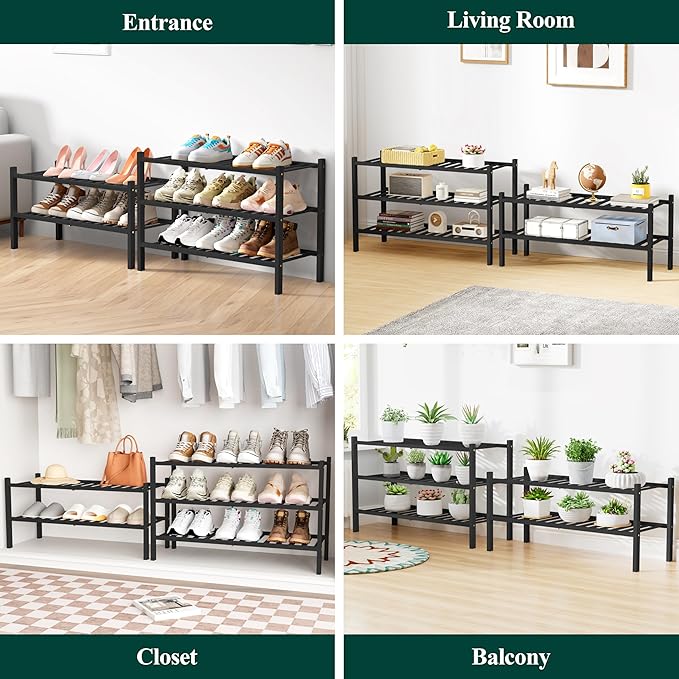 Smiry Bamboo Shoe Rack for Closet, 6 Tier Wooden Stackable Shoe Organizer, Free Standing Shoes Storage Shelf for Entryway, Front Door Entrance, Black