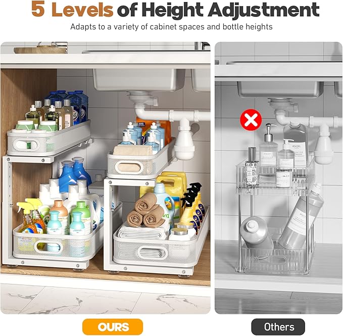 Biboraya 2 Pack 19.3IN-Depth Under Sink Organizer with Smooth Cylindrical Rail, 2-Tier Pull Out Multi-Purpose Cabinet Storage for Bathroom & Kitchen, Height Adjustable, Rust-Resistant Coating - White