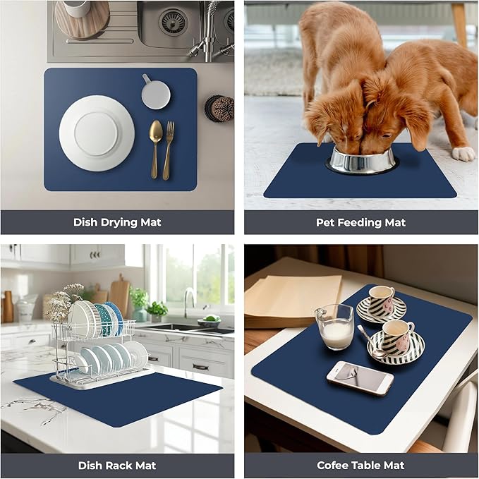 Dish Drying Mat Super Absorbent – 17" x 31" Coffee Mat for Countertops – Non-Slip Drying Mat for Kitchen Counter – Easy to Clean Water Absorbent Mat – XLarge Dish Drying Mats (Navy Blue)