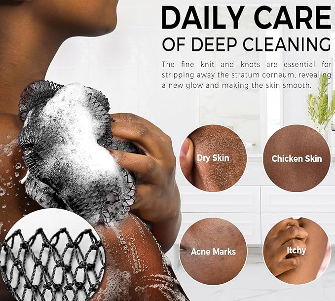 African Exfoliating Net Sponge for Men - Bath Sponge Back Scrub for Shower - Authentic African Net with Knots - Body Wash Scrubber Cloth with Handle - Skin Exfoliator Bathing Loofah for Men