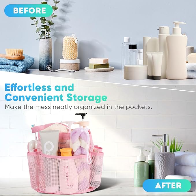 EUDELE 2 Pack Mesh Shower Caddy Portable for College Dorm Room Essentials, Shower Caddy Dorm with 8-Pocket Large Capacity,Shower Bag for Beach,Swimming,Gym All Black+All Pink